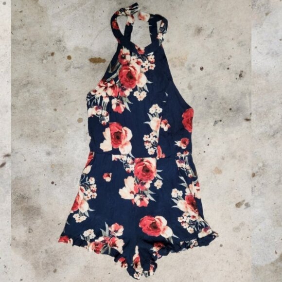 👠🛍️Forever 21 Romper Womens S Small Blue One-Piece Floral Halter Open Back - Picture 1 of 4